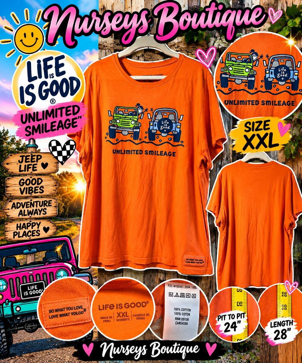 Life is Good Womens XXL Unlimited Smileage Jeep 4x4 Orange Graphic Tee